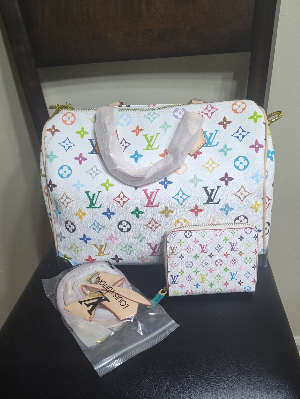 Source Unknown White Multicolor Monogram Satchel Tote with Matching Wallet